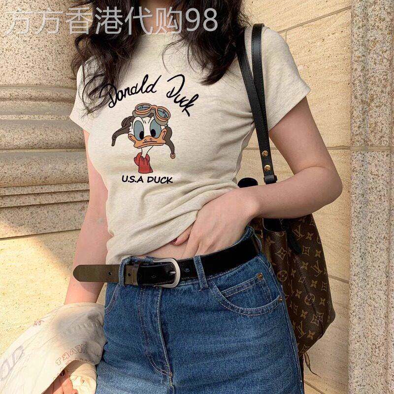 米灰色纯棉短袖t恤女春夏新款卡通印花漂亮小衫正肩短款半袖上衣