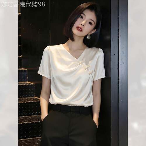 精致气质新中式斜襟扣短袖衬衫女夏季2026年新款通勤小衫上衣别致