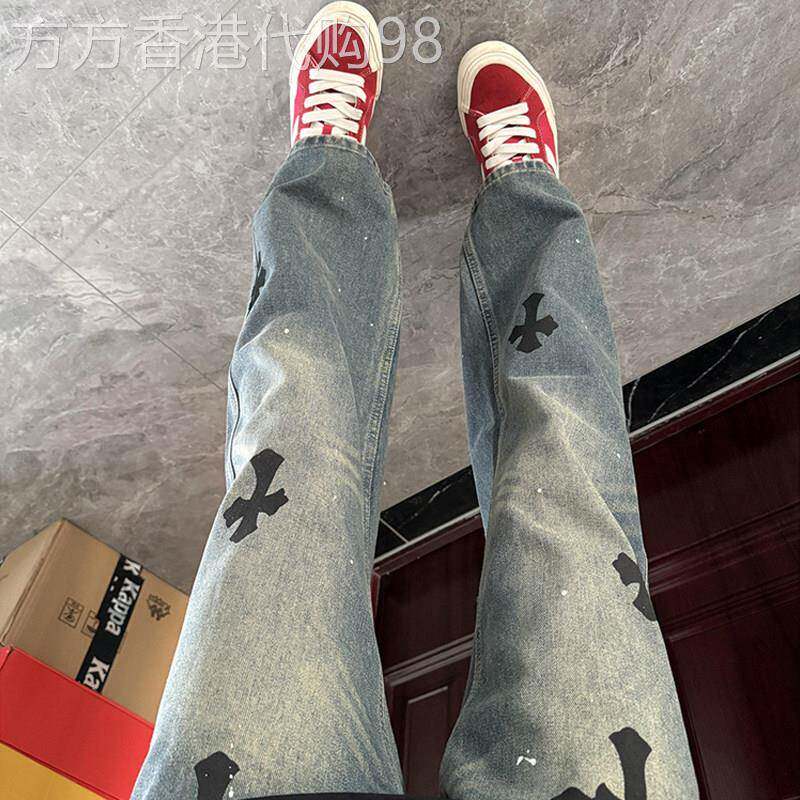 潮牌蓝色十字架牛仔裤男士春秋美式复古休闲裤痞帅炸街直筒喇叭裤