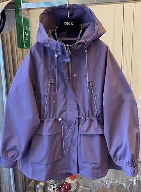 韩国大码女装紫色风衣外套女秋新款胖mm抽绳宽松中长款连帽冲锋衣