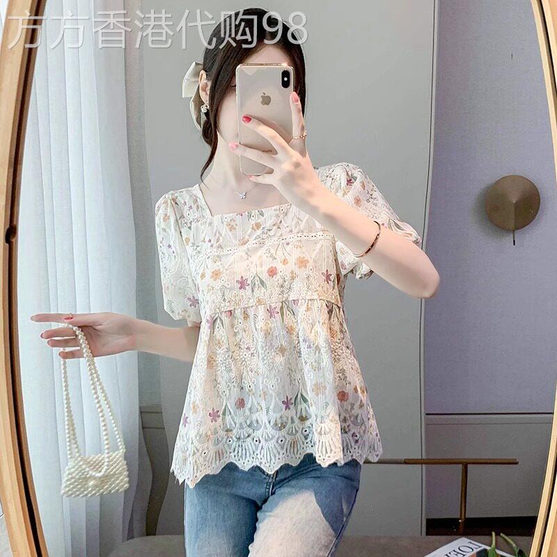 方领法式碎花雪纺衫女夏季2026新款洋派漂亮小衫别致减龄镂空上衣