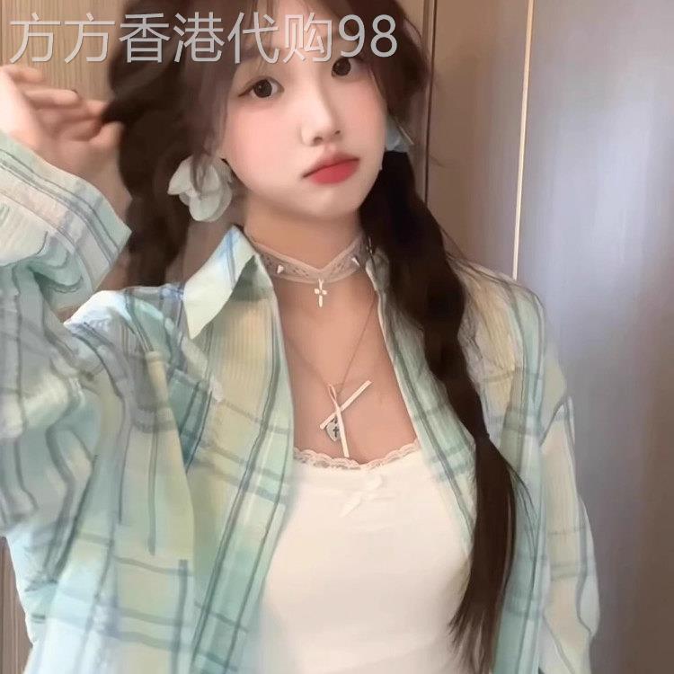 日系薄荷绿格子衬衫外套女春夏季法式温柔小清新氛围感防晒衫衬衣