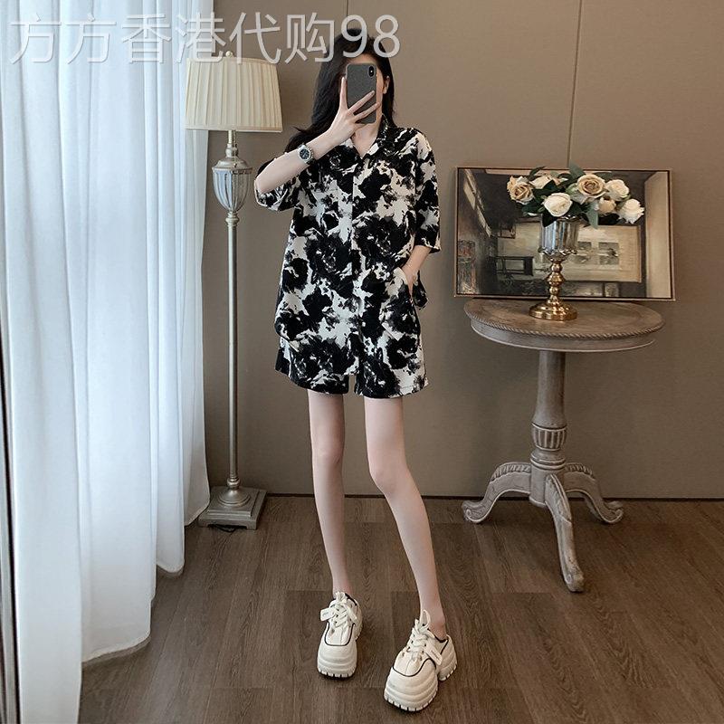 欧洲站休闲运动套装女2026新款夏季水墨画时尚短袖T恤衬衣短裤潮