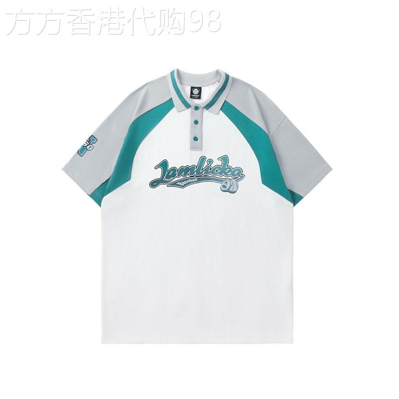 香港潮牌撞色拼接字母印花翻领男插肩五分袖T恤宽松休闲半袖情侣