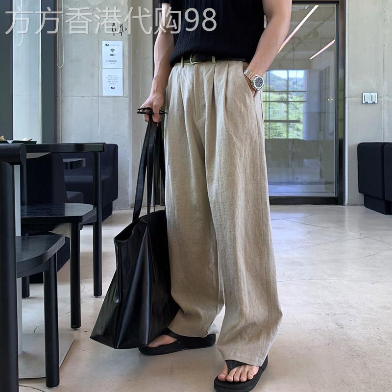 轻奢棉麻拖地裤男春季韩版宽松薄款直筒休闲裤简约复古亚麻宽裤