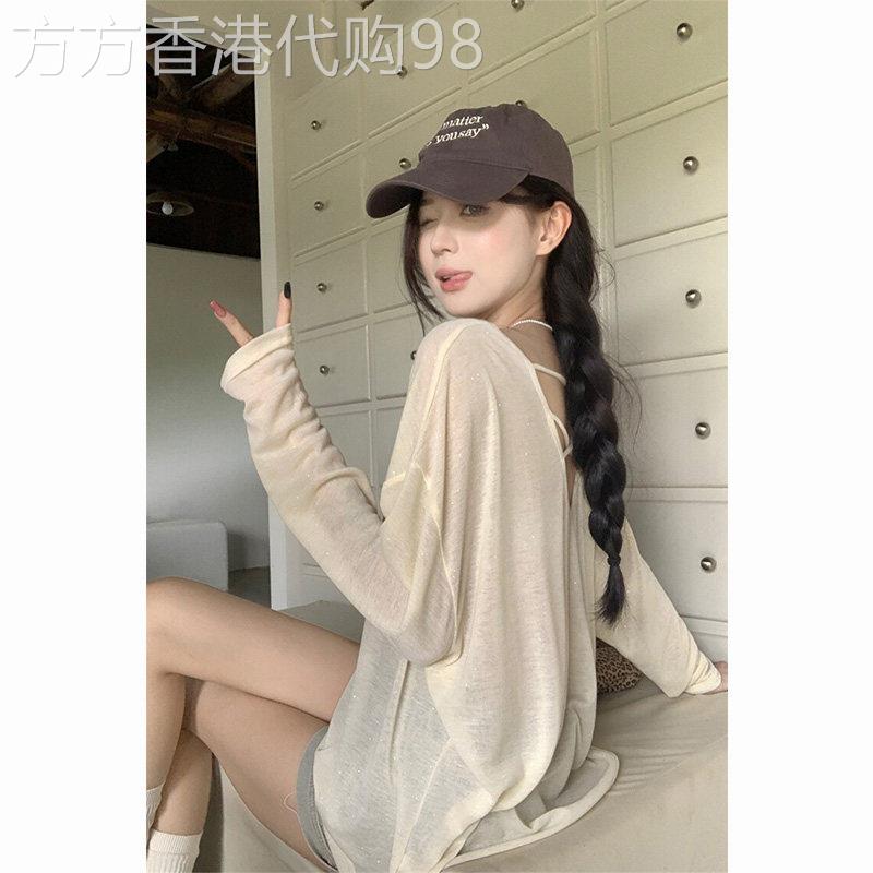 薄款长袖防晒罩衫t恤女2026新款夏季慵懒宽松设计感透视露背上衣