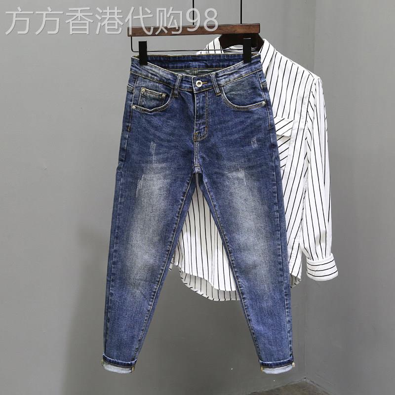 春款高端个性深蓝色牛仔裤男韩版简约弹力男士修身秋季九分烟管裤