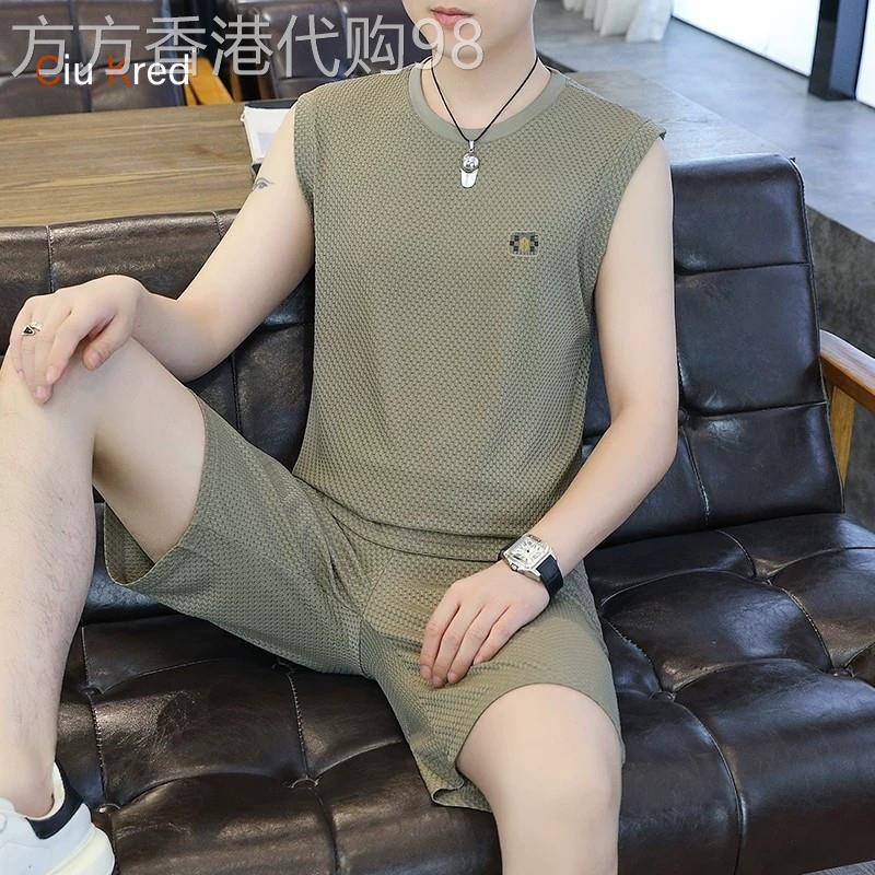 高端冰丝背心套装男士2026新款夏季薄款无袖短袖短裤搭配男款一套