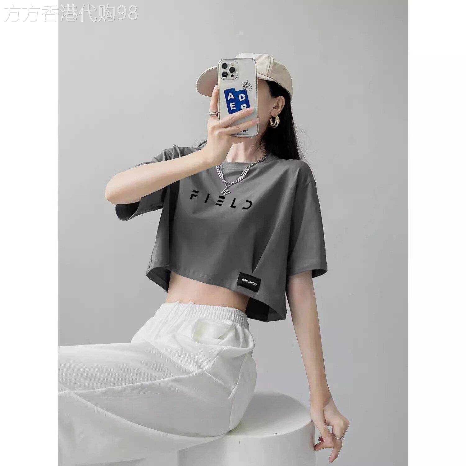 潮牌1212夏季宽松短袖t恤女露脐不规则小众新款字母辣妹短款上衣