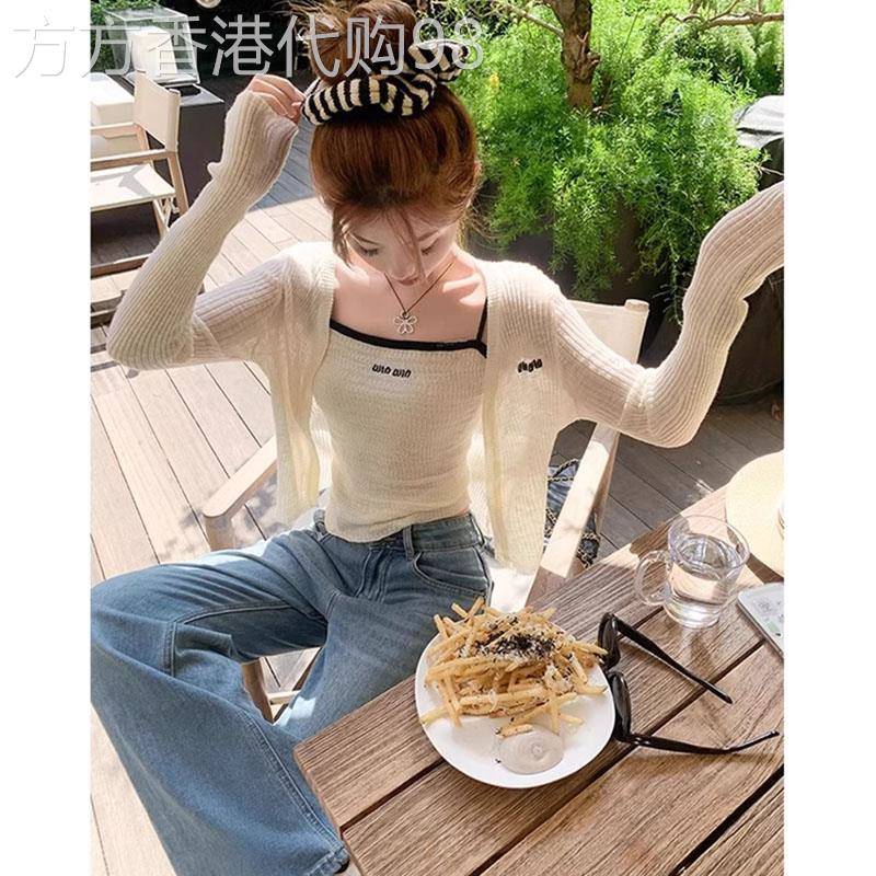 冰丝防晒开衫女士夏季欧货短款罩衫秋披肩外搭针织两件套背心上衣