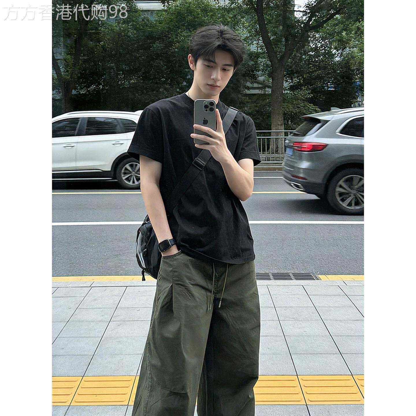 黑色短袖T恤男士夏季韩版潮牌宽松纯棉正肩半袖T恤内搭休闲上衣