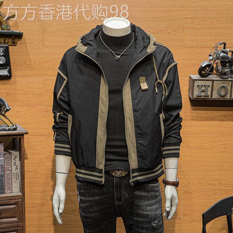 潮牌拼接外套男士春秋季轻奢修身连帽冲锋衣潮流工装夹克短款上衣
