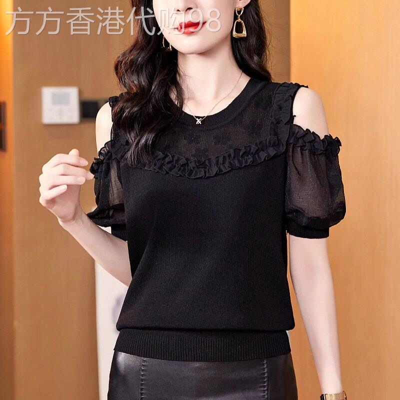 冰丝露肩短袖T恤女夏2026新款设计感螺纹网纱拼接宽松荷叶边上衣