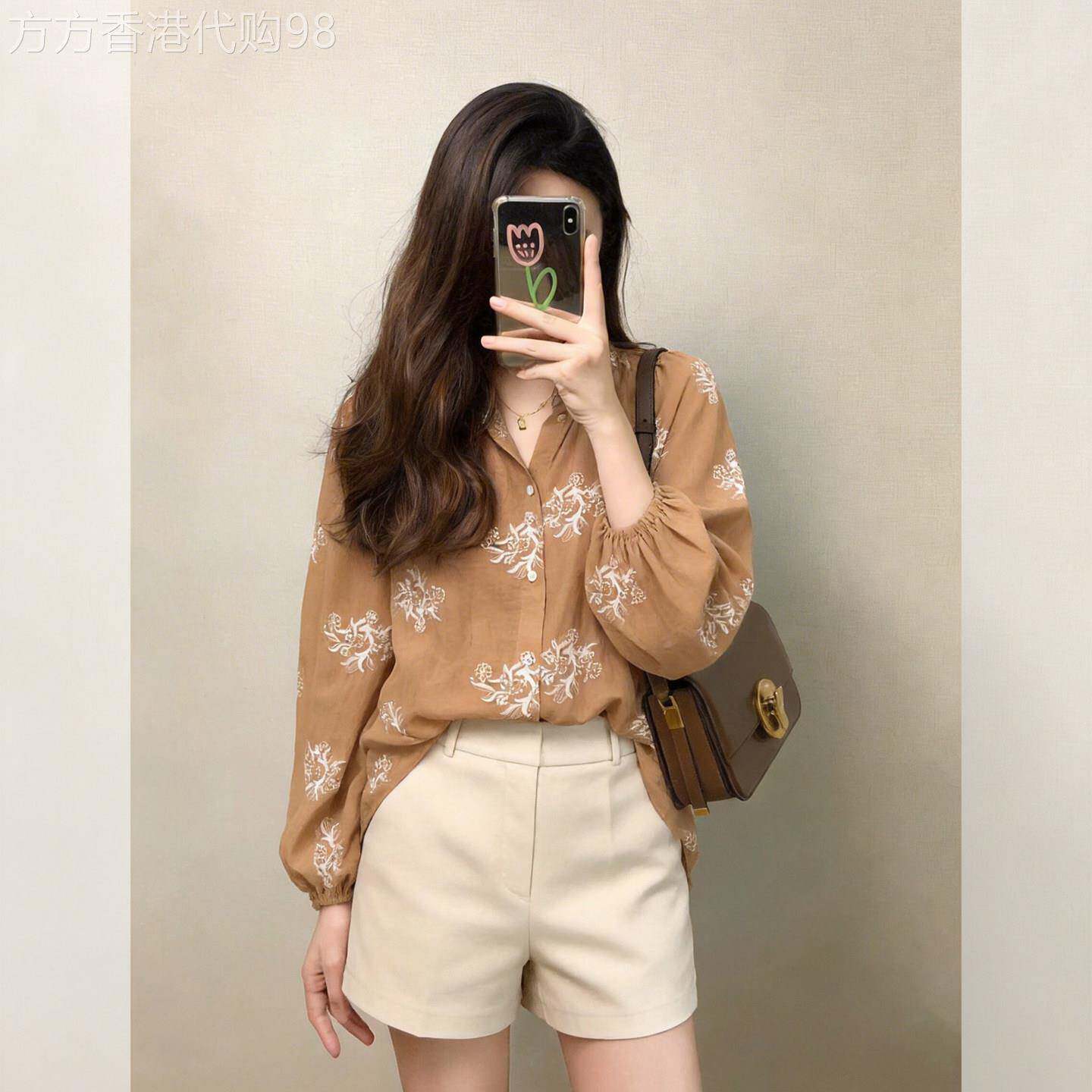 老钱风绣花刺绣棕色衬衫女款夏装2026年新款轻奢高级感泡泡袖上衣