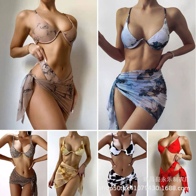 2024泳装大理石纹印花欧美性感分体披纱比基尼女marbling bikini