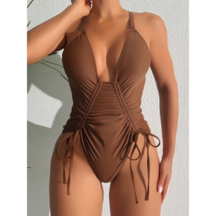 swimming piece suit One 绑带高切后背交叉性感比基尼纯色bikini
