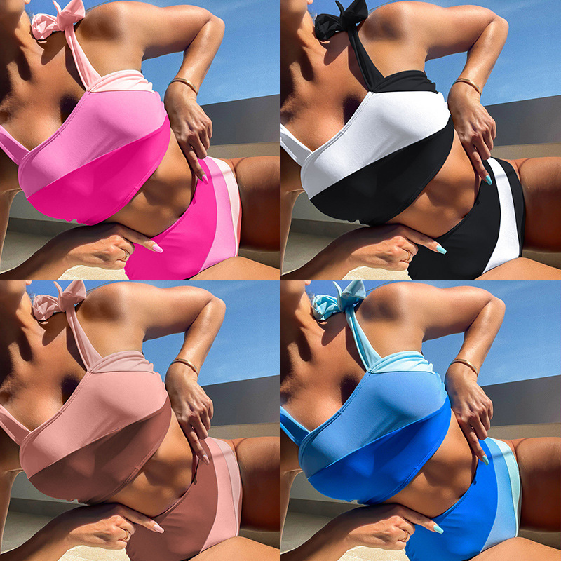 新款欧美风拼色系带高腰性感比基尼分体女士泳衣泳装Split bikini
