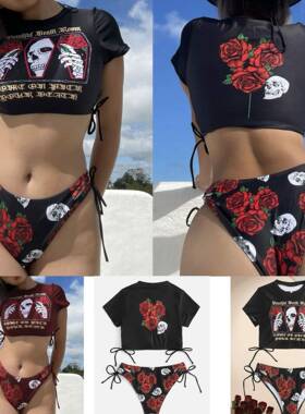 bikini独只玫瑰印花抽绳分体比基尼泳装Separate swimming suit
