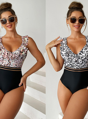 【新款泳衣】欧美印花拼接黑色连体荷叶边泳装printing conjoined