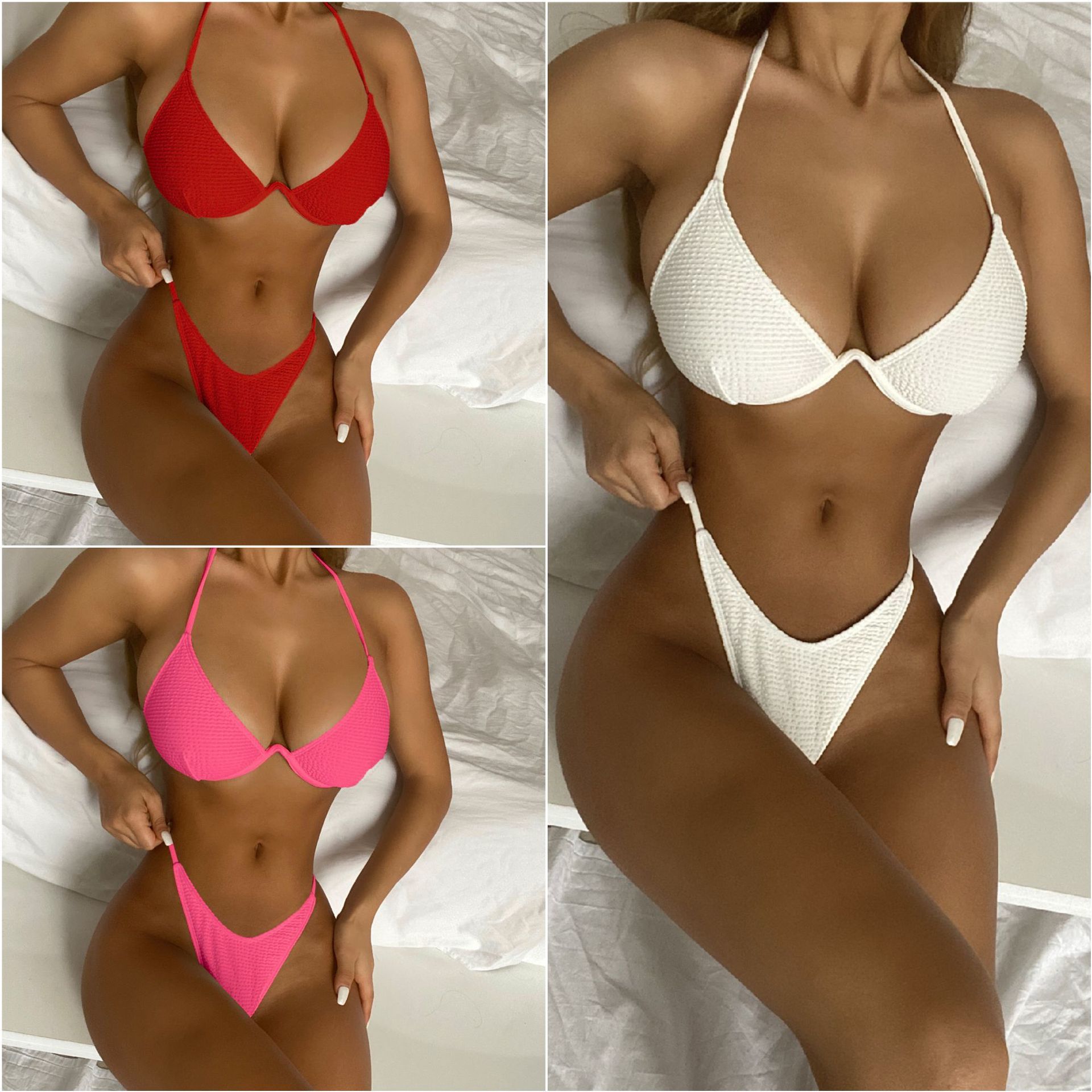 2025欧美女士Sexy steel supports gather solid-colored bikinis