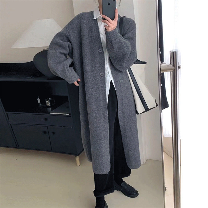 秋冬新款加厚v领过膝长款大毛衣毛呢外套
