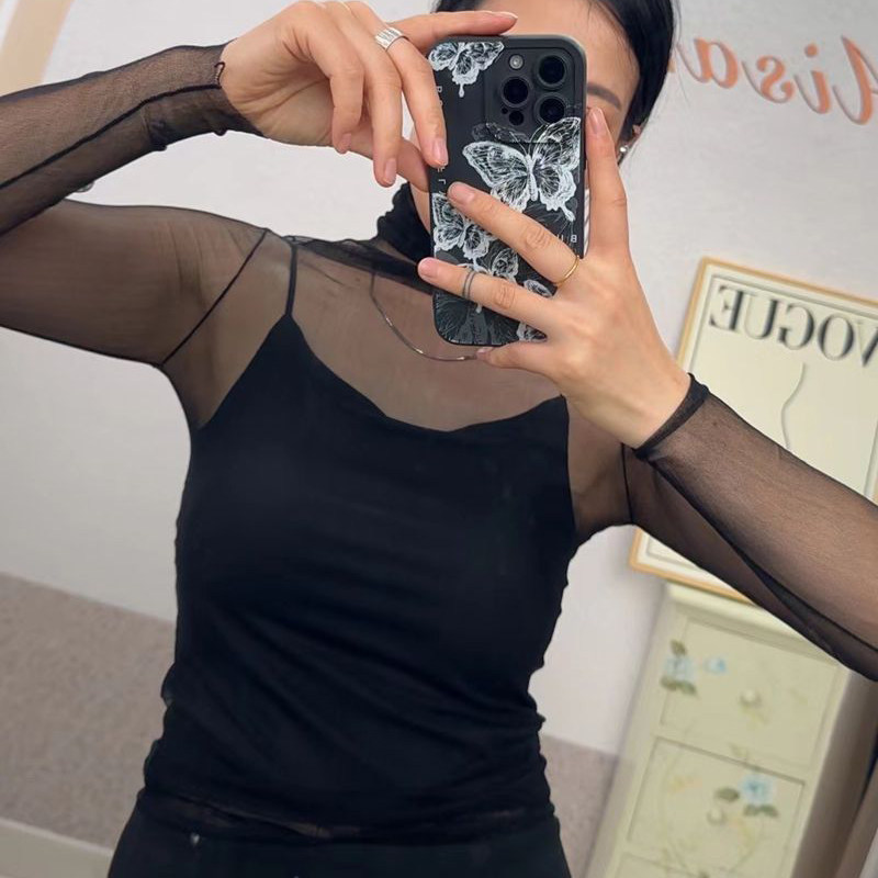 女西班牙桑蚕丝网纱高领打底衫