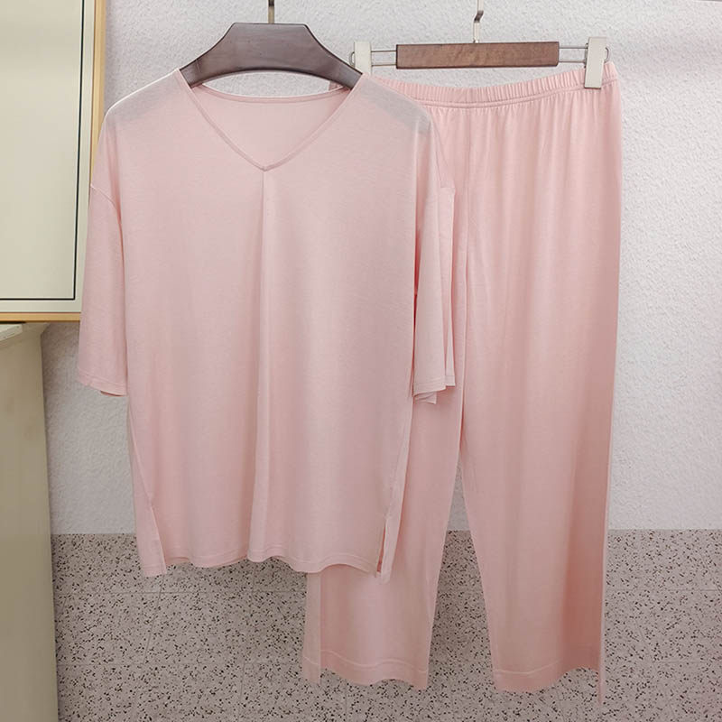 春夏女新真丝针织薄款家居服套装