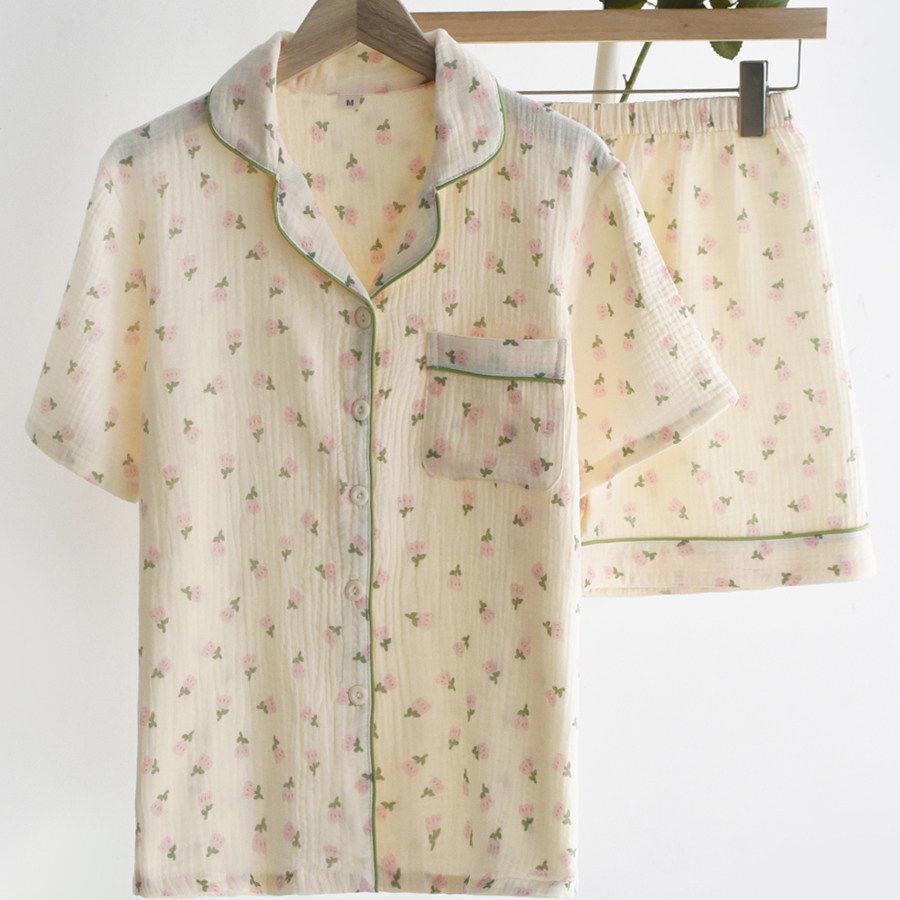 印花绉布睡衣女士夏季纱布双层薄款宽松短袖短裤家居服套装女