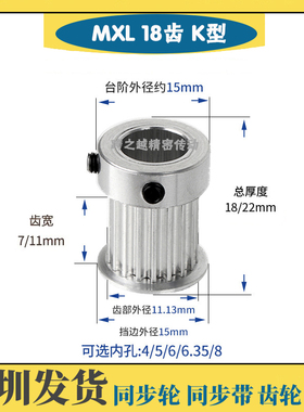 MXL18齿 槽宽7/11 凸台 K型 齿距2.032 同步皮带轮 内孔4-8mm