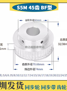 现货S5M45齿T槽宽16/21BF型150带凸台阶200同步皮带轮内孔8-30mm