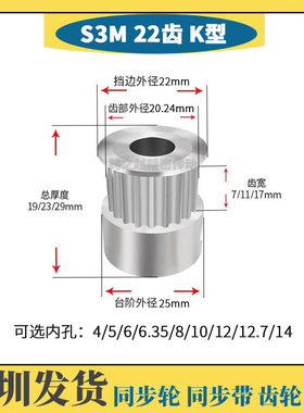 HTPS不锈钢S3M22齿槽宽7/11/17 SUS304 BF型 同步带轮 内孔4-14mm