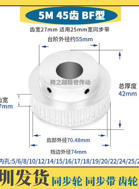 河北 5M45齿/T 槽宽27 BF型250 带凸台阶 同步皮带轮 内孔8-30mm