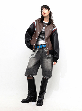 98ossi* aw23秋冬棕色拼色皮衣铆钉装饰内里加绒外套夹克