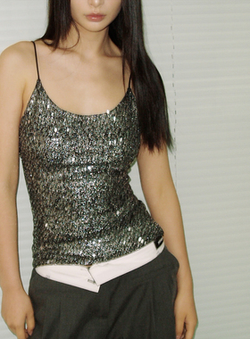 98ossi·Sequined top银色亮片闪粉吊带上衣