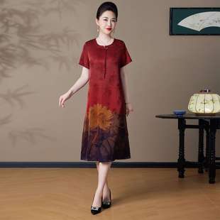 夏季 中老年人媽媽國(guó)風(fēng)印花桑蠶絲長(zhǎng) 真絲連衣裙女新款 聲雨竹新中式