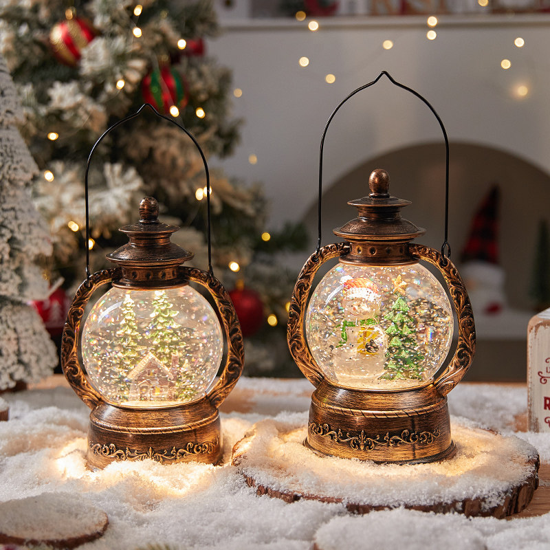 圣诞节树老人飘雪花装饰品水晶手提小夜灯八音盒桌面摆件创意礼品