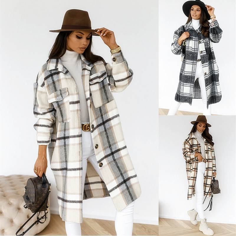 Winter Women Jacket Overcoat Warm Plaid Long Coats Female