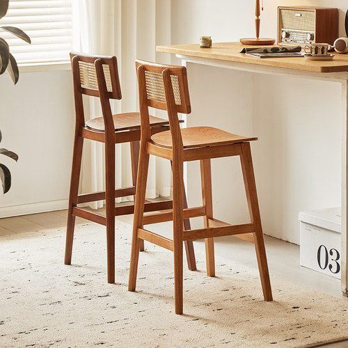 北欧复古藤编实木吧台椅