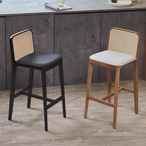 藤编日式实木吧台椅子餐椅