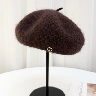 咖色羊毛混兔毛贝雷帽子女秋冬新款 柔软保暖纯色蓓蕾帽画家帽逛街