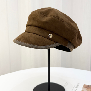 设计师磨砂感咖色鸭舌平顶帽女秋冬高级感美拉德复古百搭画家帽子