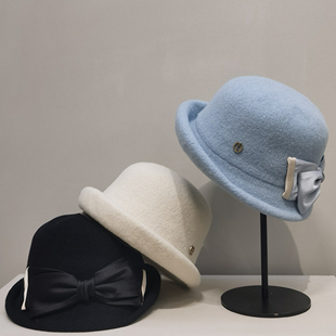 高级感绵羊毛渔夫帽子女冬季 礼帽 日系气质卷边盆帽轻奢赫本风法式