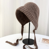 出口日本100%羊毛针织帽子女款 秋冬新款 保暖护耳飘带显脸小毛线帽