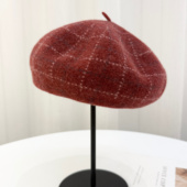 日系纯羊毛格子贝雷帽秋冬复古显脸小画家帽子女款 百搭蓓蕾帽红色