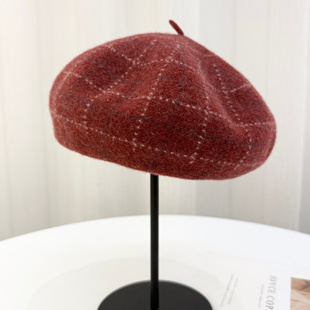 日系纯羊毛格子贝雷帽秋冬复古显脸小画家帽子女款 百搭蓓蕾帽红色