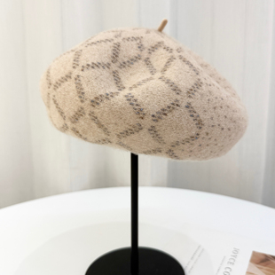 英伦格纹羊毛贝雷帽2025秋冬法式 显脸小帽子米色 气质蓓蕾帽女时尚