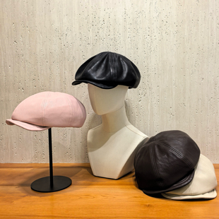 英伦风八角帽女秋冬复古pu皮质贝雷帽休闲画家帽黑色百搭报童帽子