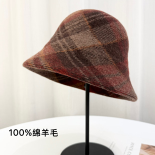 日系格纹100%羊毛渔夫帽女2025秋冬新款 盆帽子保暖显脸小 复古时尚
