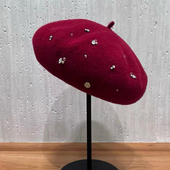 时尚 画家帽显脸小 帽子百搭休闲法式 水钻羊毛贝雷帽女秋冬新款 韩版