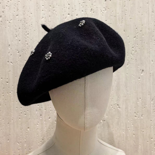 蓓蕾帽黑色时尚 韩版 名媛画家帽保暖帽子 羊毛呢贝雷帽女秋冬季 新款